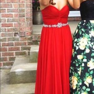 Red strapless prom dress